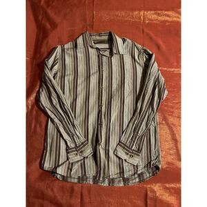 PerryEllis Shirt Mens S Striped Silk Cotton Long Sleeve Button Up Gray Casual